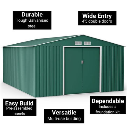 Lotus Orion 11x14 Apex Dark Green Metal Shed With Foundation Kit