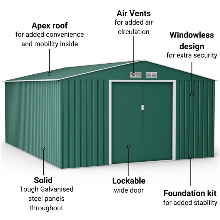 Lotus Orion 11x14 Apex Dark Green Metal Shed With Foundation Kit