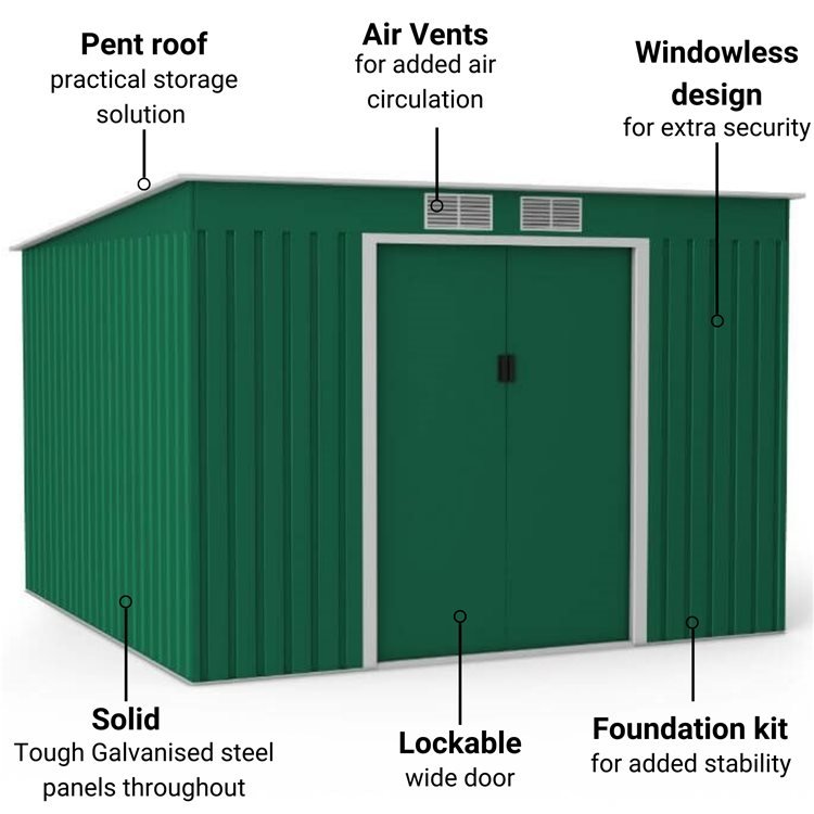 Lotus Hestia 9x8 Dark Green Pent Metal Shed Including Foundation Kit