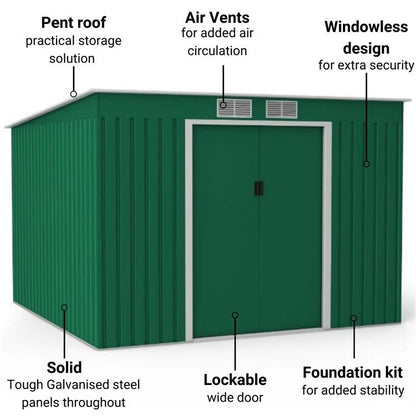 Lotus Hestia 9x8 Dark Green Pent Metal Shed Including Foundation Kit