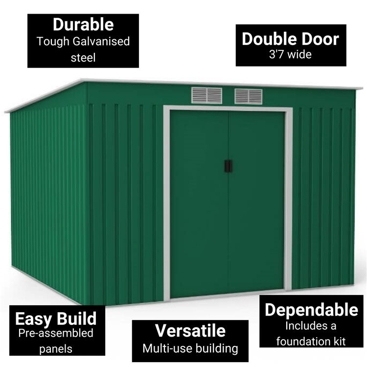 Lotus Hestia 9x6 Dark Green Pent Metal Shed Including Foundation Kit