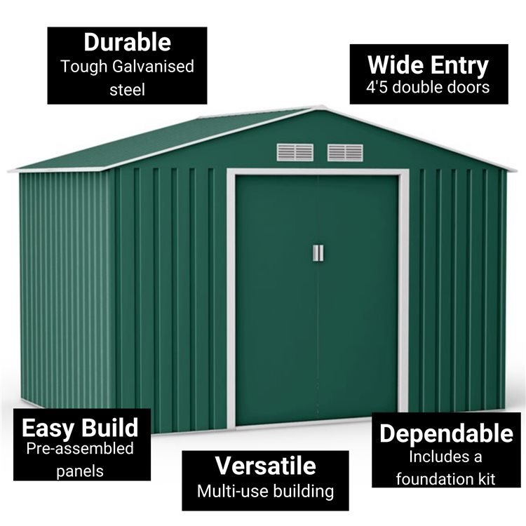 Lotus Orion 9x8 Apex Green Metal Shed With Foundation Kit