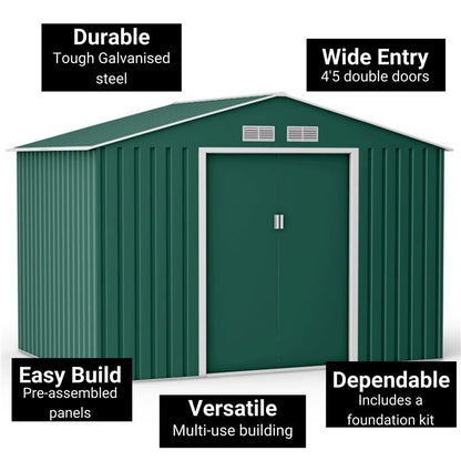 Lotus Orion 9x8 Apex Green Metal Shed With Foundation Kit