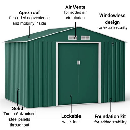 Lotus Orion 9x8 Apex Green Metal Shed With Foundation Kit