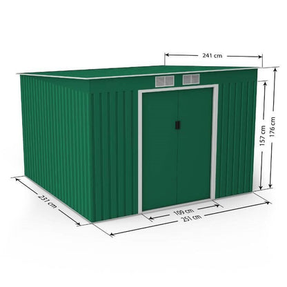 Lotus Hestia 9x8 Dark Green Pent Metal Shed Including Foundation Kit