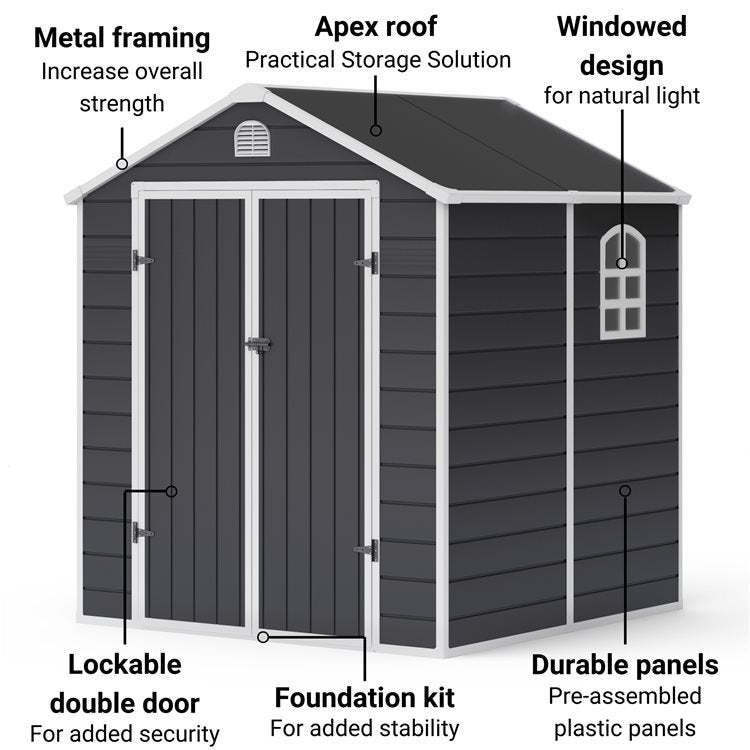 Lotus Sono 6x6 Apex Plastic Garden Storage Shed Including Foundation Kit Grey