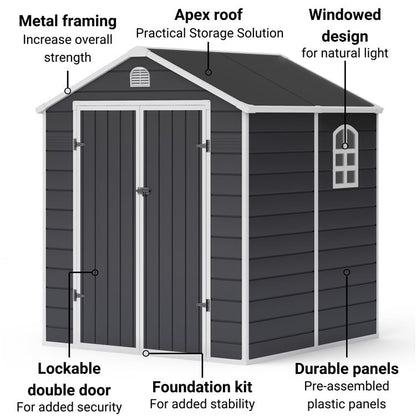 Lotus Sono 6x6 Apex Plastic Garden Storage Shed Including Foundation Kit Grey