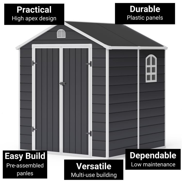 Lotus Sono 6x6 Apex Plastic Garden Storage Shed Including Foundation Kit Grey