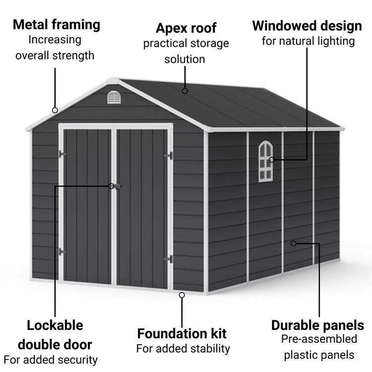 Lotus Sono 8x12 Apex Plastic Garden Storage Shed Including Foundation Kit Grey