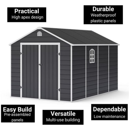 Lotus Sono 8x12 Apex Plastic Garden Storage Shed Including Foundation Kit Grey