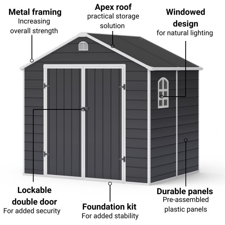 Lotus Sono 8x6 Apex Plastic Garden Storage Shed Including Foundation Kit Grey