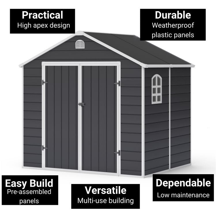 Lotus Sono 8x6 Apex Plastic Garden Storage Shed Including Foundation Kit Grey