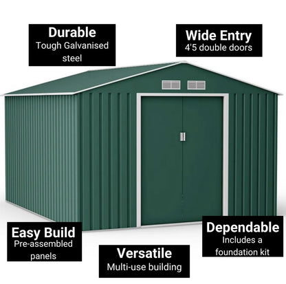 Lotus Orion 9x10 Apex Dark Green Metal Shed With Foundation Kit