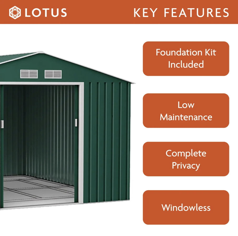 Lotus Orion 9x10 Apex Dark Green Metal Shed With Foundation Kit