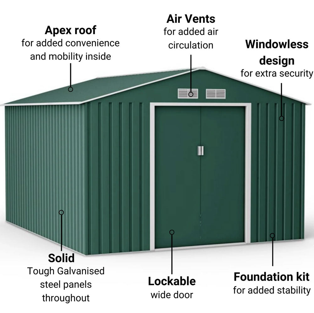 Lotus Orion 9x10 Apex Dark Green Metal Shed With Foundation Kit